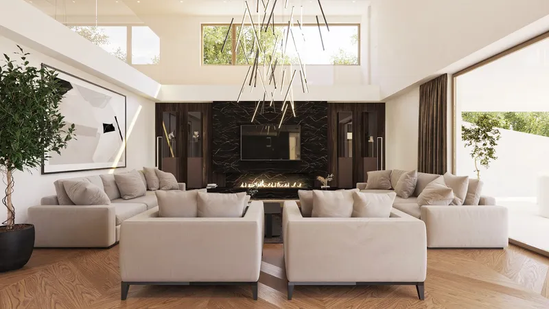 3D-Visualisierung eines Wohnzimmers mit heller Sofalandschaft, Wand aus dunklem Marmor mit Kamin und Fischgrät-Parkett