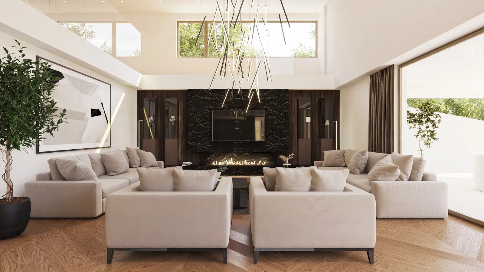 3D-Visualisierung eines Wohnzimmers mit heller Sofalandschaft, Wand aus dunklem Marmor mit Kamin und Fischgrät-Parkett